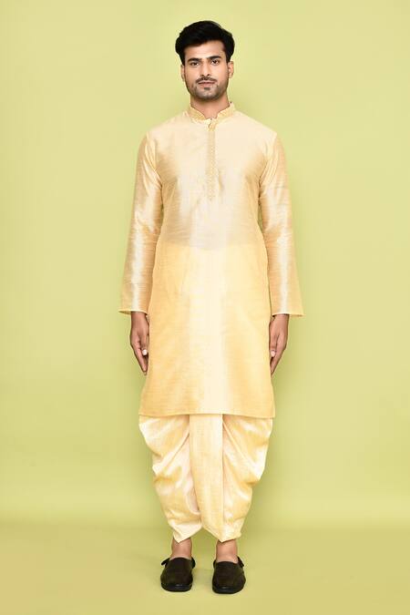 Shop_Arihant Rai Sinha_Beige Silk Embroidery Straight Kurta With Dhoti Pant_Online_at_Aza_Fashions