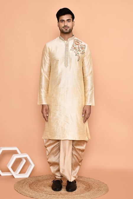 Arihant Rai Sinha_Beige Silk Embroidery Placement Floral Kurta With Dhoti Pant_at_Aza_Fashions