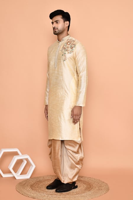 Buy_Arihant Rai Sinha_Beige Silk Embroidery Placement Floral Kurta With Dhoti Pant
