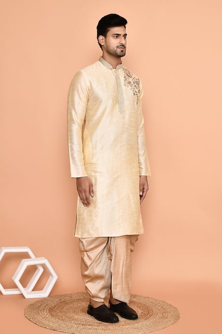 Shop_Arihant Rai Sinha_Beige Silk Embroidery Placement Floral Kurta With Dhoti Pant