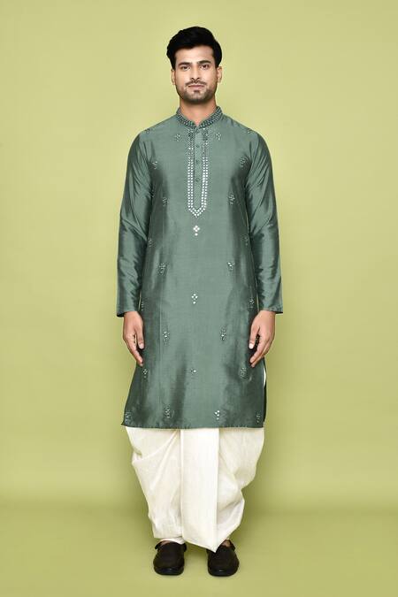 Arihant Rai Sinha_Green Silk Mirrors Embroidered Butti Kurta With Dhoti Pant _at_Aza_Fashions