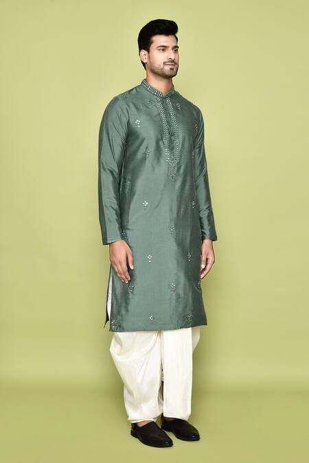 Shop Arihant Rai Sinha Green Silk Mirrors Embroidered Butti Kurta With Dhoti Pant Shop_Arihant Rai Sinha_Green Silk Mirrors Embroidered Butti Kurta With Dhoti Pant