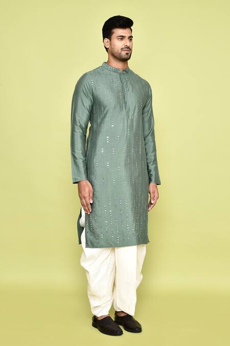 Shop Arihant Rai Sinha Green Silk Mirrors Embroidered Kurta With Dhoti Pant Shop_Arihant Rai Sinha_Green Silk Mirrors Embroidered Kurta With Dhoti Pant