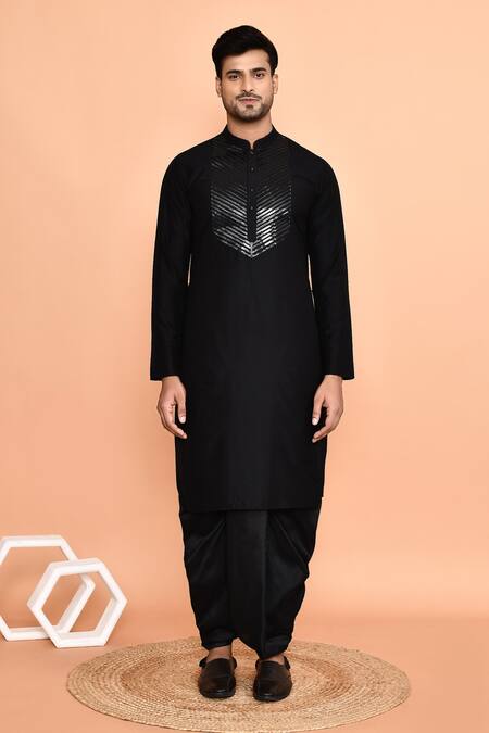 Shop_Arihant Rai Sinha_Black Silk Embroidery Metallic Yoke Kurta With Dhoti Pant_Online_at_Aza_Fashions