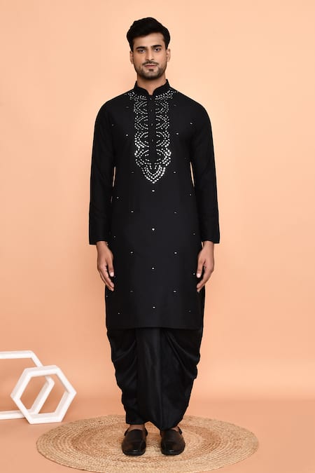 Shop_Arihant Rai Sinha_Black Silk Mirrors Geometric Embroidered Placket Kurta With Dhoti Pant _Online_at_Aza_Fashions