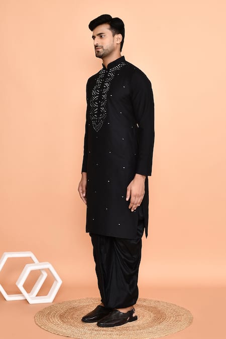 Arihant Rai Sinha_Black Silk Mirrors Geometric Embroidered Placket Kurta With Dhoti Pant _at_Aza_Fashions
