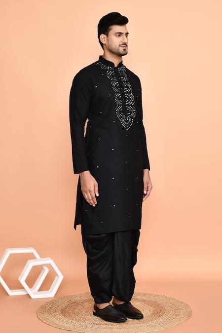 Buy_Arihant Rai Sinha_Black Silk Mirrors Geometric Embroidered Placket Kurta With Dhoti Pant 
