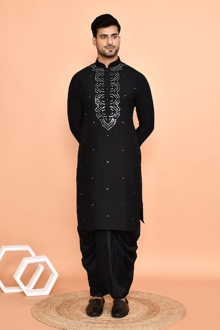 Shop_Arihant Rai Sinha_Black Silk Mirrors Geometric Embroidered Placket Kurta With Dhoti Pant 