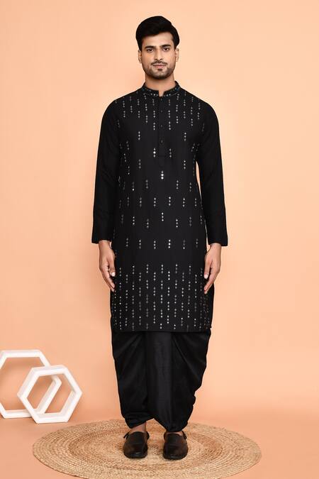 Shop_Arihant Rai Sinha_Black Silk Mirrors Linear Embroidered Kurta With Dhoti Pant _Online_at_Aza_Fashions