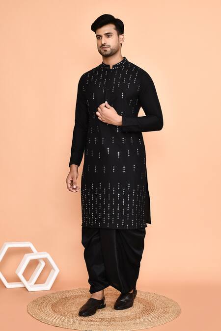 Shop_Arihant Rai Sinha_Black Silk Mirrors Linear Embroidered Kurta With Dhoti Pant 