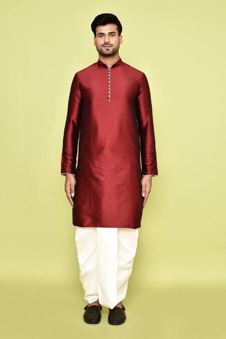 Shop_Arihant Rai Sinha_Maroon Silk Plain Kurta With Dhoti Pant _Online_at_Aza_Fashions