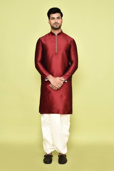 Shop_Arihant Rai Sinha_Maroon Silk Plain Kurta With Dhoti Pant 