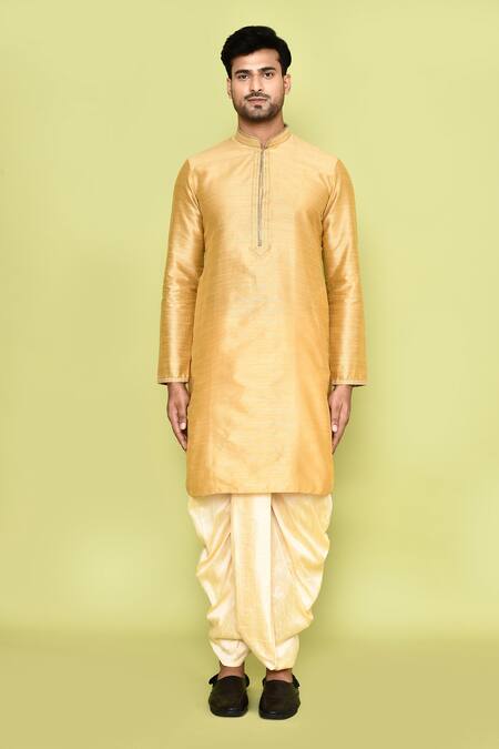 Shop_Arihant Rai Sinha_Yellow Silk Straight Plain Kurta With Dhoti Pant_Online_at_Aza_Fashions