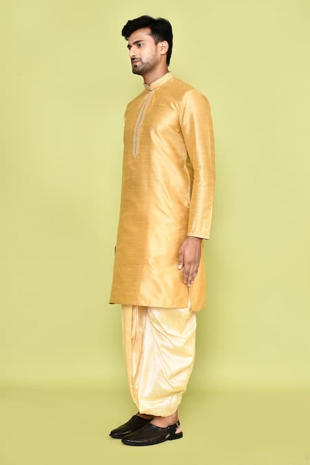 Arihant Rai Sinha_Yellow Silk Straight Plain Kurta With Dhoti Pant_at_Aza_Fashions