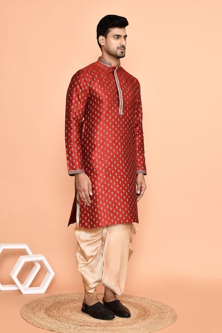 Buy_Arihant Rai Sinha_Maroon Silk Embroidery Miniature Butti Straight Kurta With Dhoti Pant 