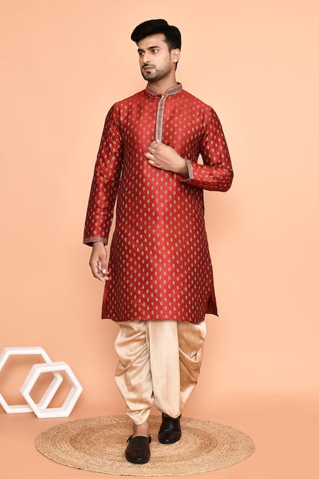 Shop_Arihant Rai Sinha_Maroon Silk Embroidery Miniature Butti Straight Kurta With Dhoti Pant 