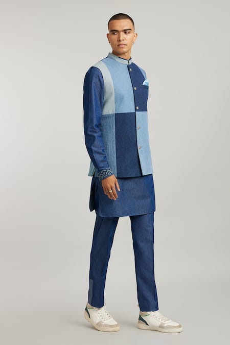 Shop Bubber Couture Blue Denim, Cotton Vertical Colour Block Bundi at Aza Fashions Shop_Bubber Couture_Blue Denim, Cotton Vertical Colour Block Bundi _at_Aza_Fashions