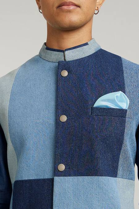 Bubber Couture Blue Denim, Cotton Vertical Colour Block Bundi Online at Aza Fashions Bubber Couture_Blue Denim, Cotton Vertical Colour Block Bundi _Online_at_Aza_Fashions