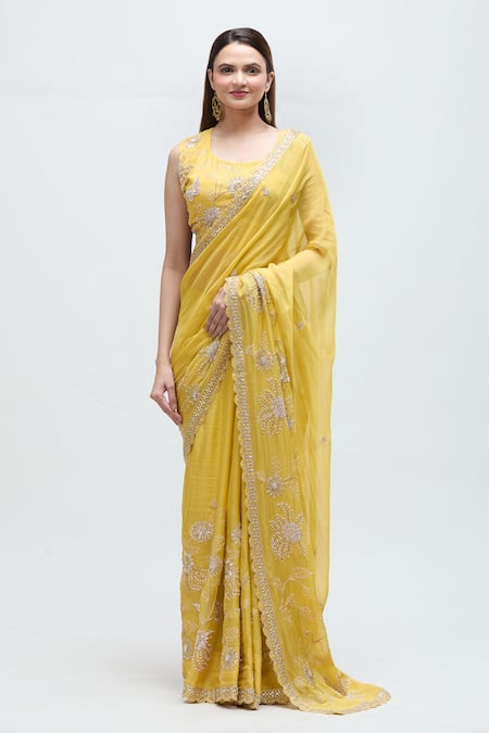 Nakita Singh Yellow Organze Embroidered Gota Round Chand Sitara Saree With Blouse 