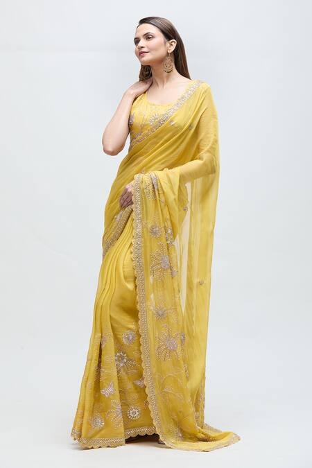 Nakita Singh_Yellow Chanderi, Organza Mirrors, Sequins, Embroidery Sitara Saree With Blouse_Online_at_Aza_Fashions