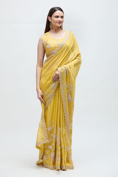 Buy_Nakita Singh_Yellow Chanderi, Organza Mirrors, Sequins, Embroidery Sitara Saree With Blouse_Online_at_Aza_Fashions