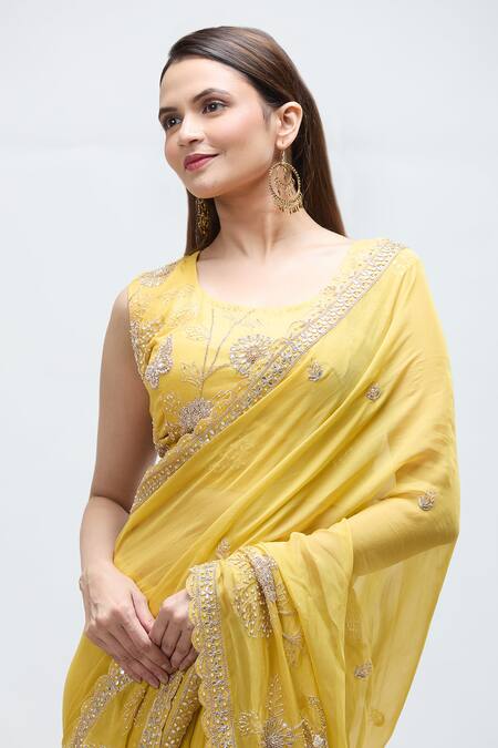Shop_Nakita Singh_Yellow Chanderi, Organza Mirrors, Sequins, Embroidery Sitara Saree With Blouse_Online_at_Aza_Fashions