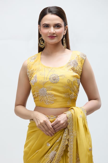 Buy_Nakita Singh_Yellow Chanderi, Organza Mirrors, Sequins, Embroidery Sitara Saree With Blouse
