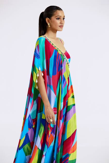 Basanti - Kapde Aur Koffee_Multi Color Crepe Beads Asymmetric Abstract Pattern Dress_Online_at_Aza_Fashions