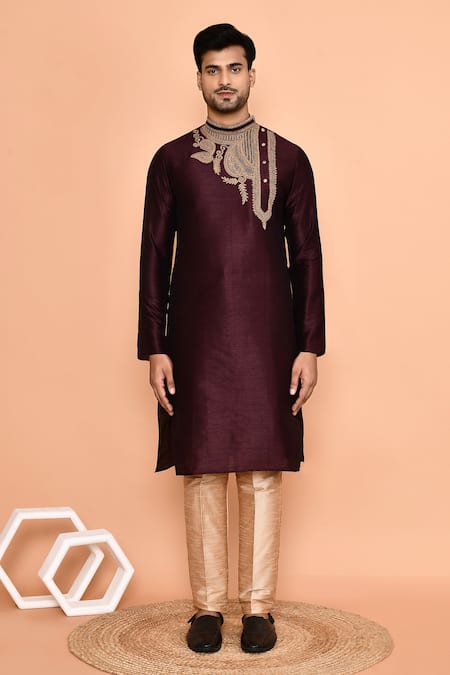 Buy_Arihant Rai Sinha_Brown Silk Embroidery Thread Kurta With Pant_Online_at_Aza_Fashions