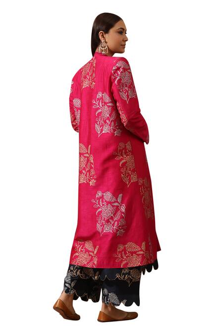 Buy_Rekha Agra_Blue Silk Embroidery V-, Open Hand Block Print Kurta Set With Jacket _Online_at_Aza_Fashions