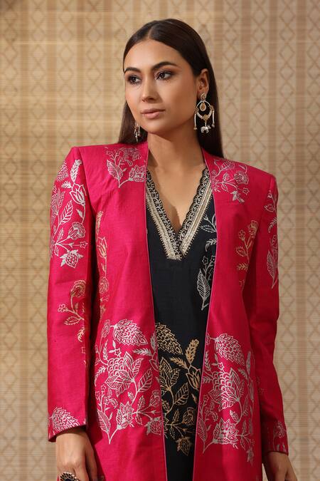 Shop_Rekha Agra_Blue Silk Embroidery V-, Open Hand Block Print Kurta Set With Jacket _Online_at_Aza_Fashions