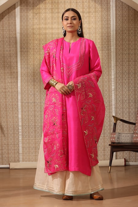 Rekha Agra Pink Kurta Silk Embroidered Notched Round Straight Palazzo Set 