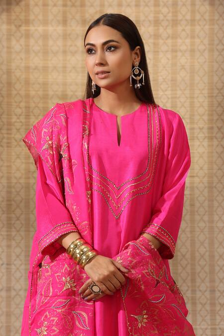Rekha Agra_Pink Silk, Organza, Tissue Embroidery Round Neck Straight Kurta Palazzo Set _Online_at_Aza_Fashions