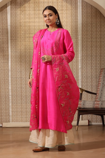 Buy_Rekha Agra_Pink Silk, Organza, Tissue Embroidery Round Neck Straight Kurta Palazzo Set _Online_at_Aza_Fashions