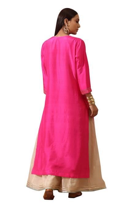 Rekha Agra_Pink Silk, Organza, Tissue Embroidery Round Neck Straight Kurta Palazzo Set _at_Aza_Fashions