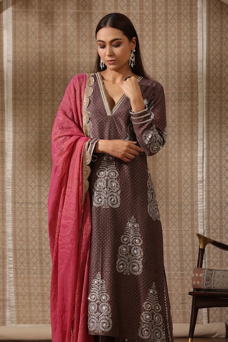 Shop_Rekha Agra_Brown Silk, Tissue Gota Patti V-neck Detailed Kurta Gharara Set _Online_at_Aza_Fashions