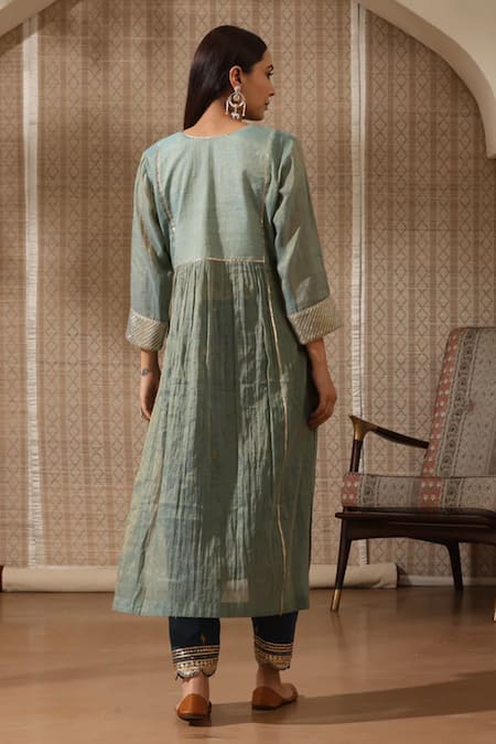 Shop Rekha Agra Blue Tissue Gota Patti, Zari Round Neck Embroidered Yoke Kurta Salwar Set at Aza Fashions Shop_Rekha Agra_Blue Tissue Gota Patti, Zari Round Neck Embroidered Yoke Kurta Salwar Set _at_Aza_Fashions