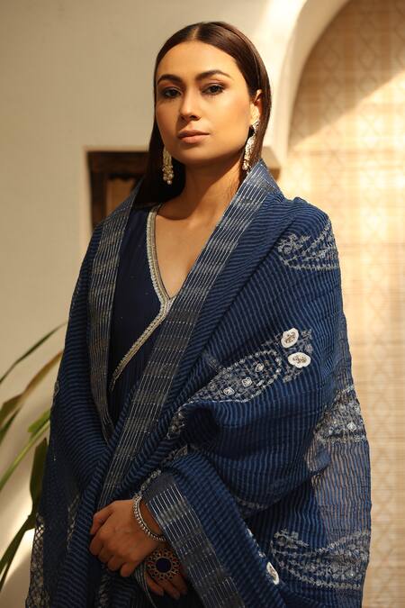 Rekha Agra_Blue Muslin, Chanderi, Fleece Lace V-neck Detailed Anarkali Set _Online_at_Aza_Fashions