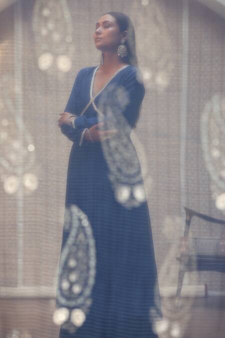 Buy_Rekha Agra_Blue Muslin, Chanderi, Fleece Lace V-neck Detailed Anarkali Set _Online_at_Aza_Fashions