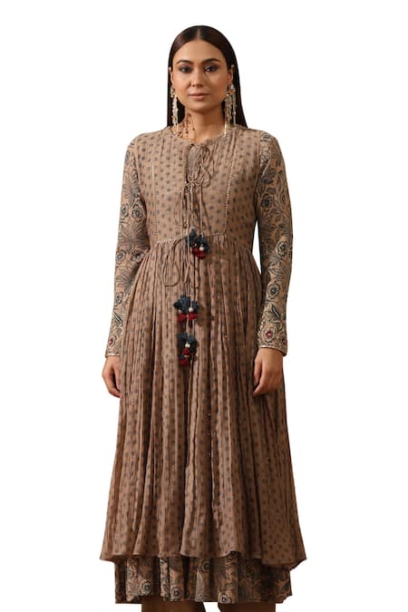 Rekha Agra_Beige Chanderi, Muslin, Cotton Hand Block Print Anarkali Set With Jacket _Online_at_Aza_Fashions