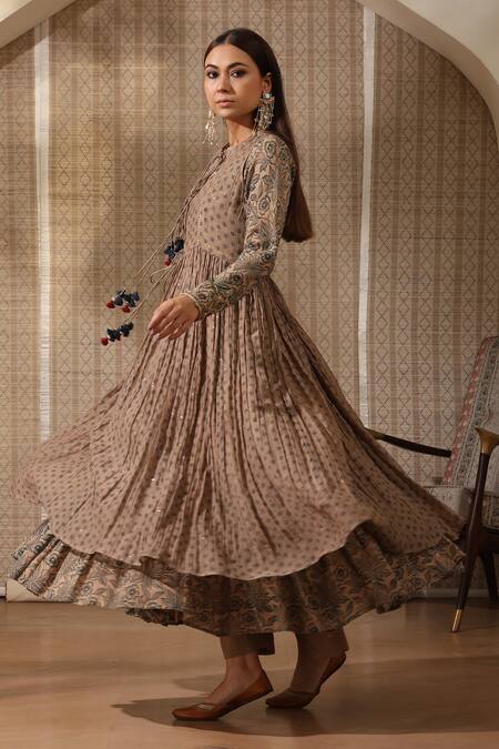 Buy_Rekha Agra_Beige Chanderi, Muslin, Cotton Hand Block Print Anarkali Set With Jacket _Online_at_Aza_Fashions