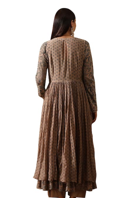 Shop_Rekha Agra_Beige Chanderi, Muslin, Cotton Hand Block Print Anarkali Set With Jacket _Online_at_Aza_Fashions