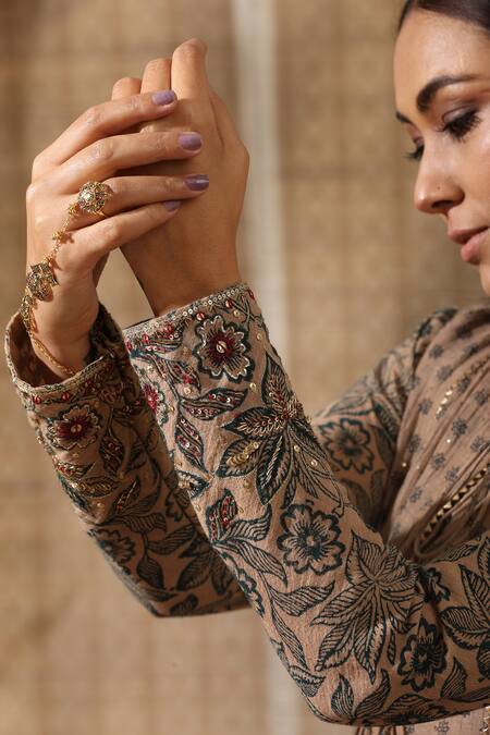 Rekha Agra_Beige Chanderi, Muslin, Cotton Hand Block Print Anarkali Set With Jacket _at_Aza_Fashions