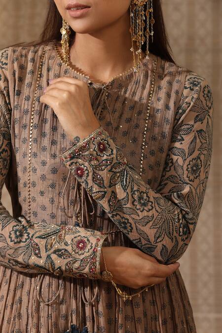 Buy_Rekha Agra_Beige Chanderi, Muslin, Cotton Hand Block Print Anarkali Set With Jacket 