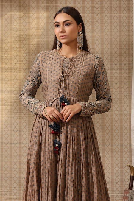Shop_Rekha Agra_Beige Chanderi, Muslin, Cotton Hand Block Print Anarkali Set With Jacket 