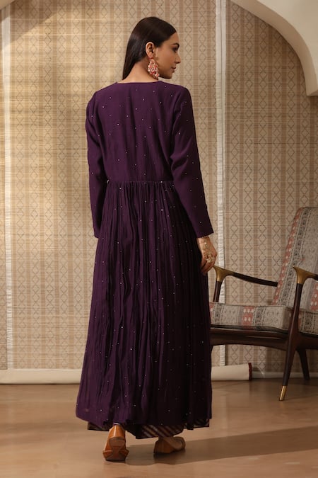 Shop_Rekha Agra_Purple Muslin, Organza, Chanderi Mirrors Round Mukaish Detailed Anarkali Set _at_Aza_Fashions