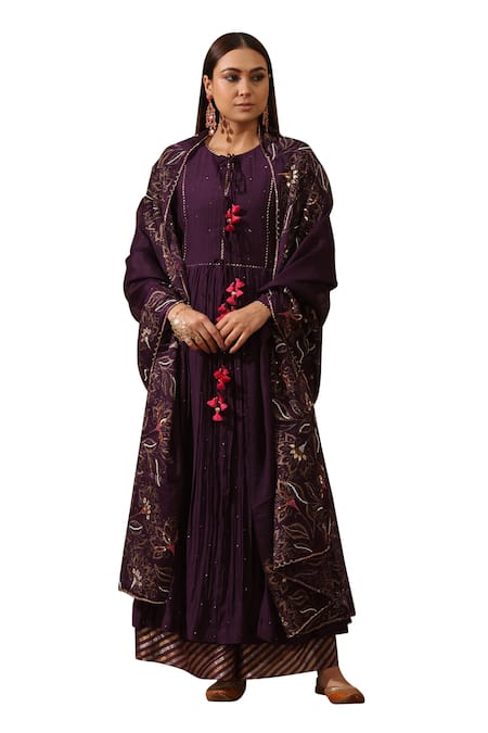 Buy_Rekha Agra_Purple Muslin, Organza, Chanderi Mirrors Round Mukaish Detailed Anarkali Set _Online_at_Aza_Fashions