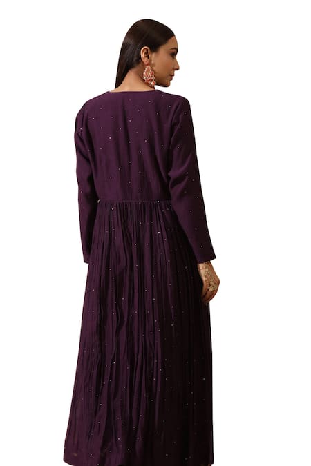 Shop_Rekha Agra_Purple Muslin, Organza, Chanderi Mirrors Round Mukaish Detailed Anarkali Set _Online_at_Aza_Fashions