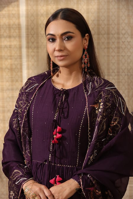 Rekha Agra_Purple Muslin, Organza, Chanderi Mirrors Round Mukaish Detailed Anarkali Set _at_Aza_Fashions