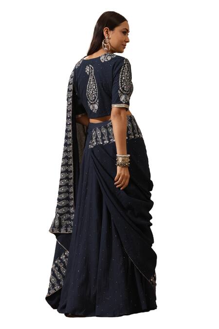 Rekha Agra Blue Cotton Mirrors, Paisley Hand Printed Pre-draped Saree With Blouse Online at Aza Fashions Rekha Agra_Blue Cotton Mirrors, Paisley Hand Printed Pre-draped Saree With Blouse _Online_at_Aza_Fashions